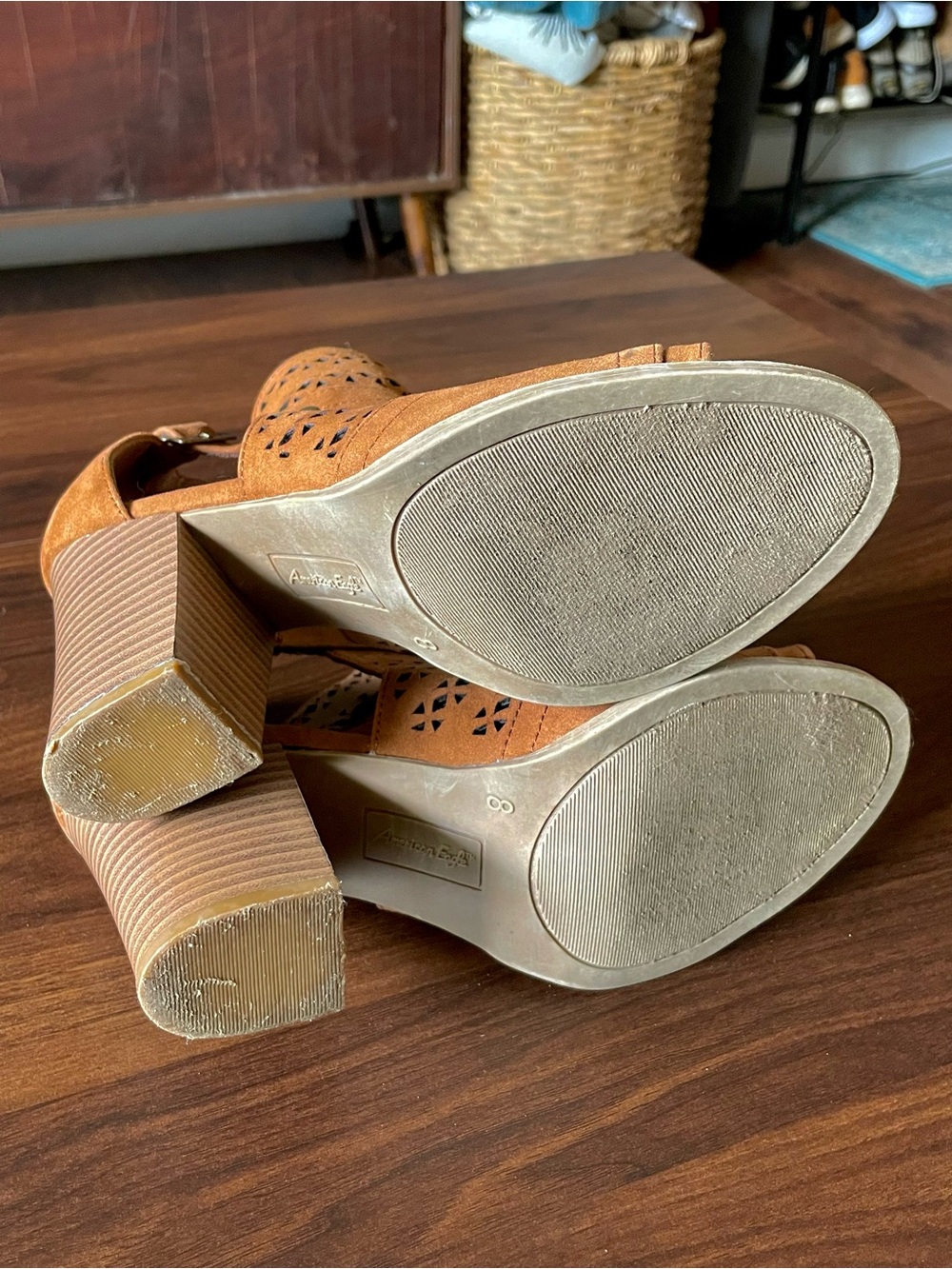American Eagle Cut Out Open-Toe Faux Suede Tan/Brown Block Heel Booties/Sandals - Picture 8 of 12